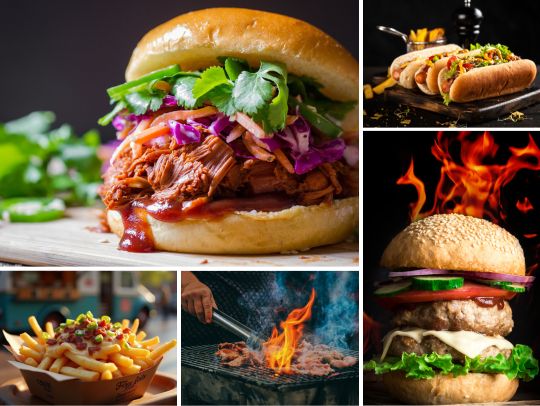 Eine Collage von leckeren Burger-Variationen, darunter ein Pulled-Pork-Burger, Hot Dogs, Pommes mit Chili und Käse, Grillen am Feuer und ein klassischer Burger mit Käse und Salat.