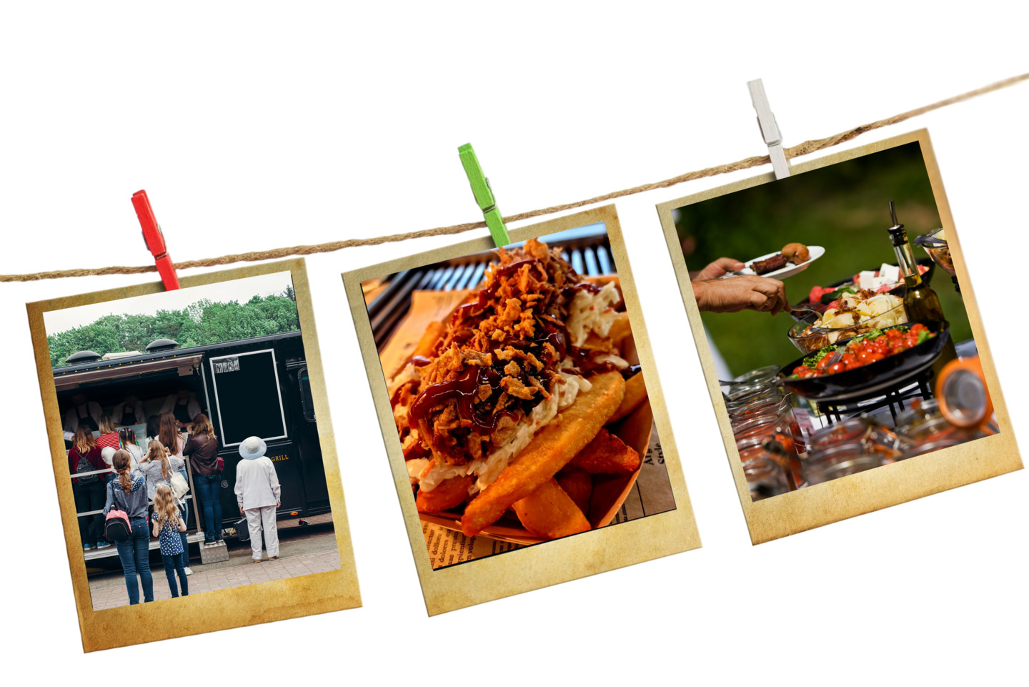 Drei Fotos zeigen eine Food-Truck-Schlange, ein Sandwich mit Pommes und eine Hand, die ein Tablett mit Salat und Fleisch hält.